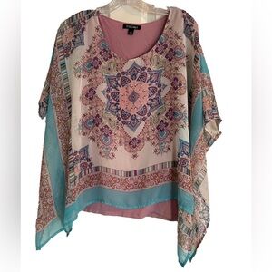 Roz&Ali Women’s Cape Blouse, S, Pink & Teal
